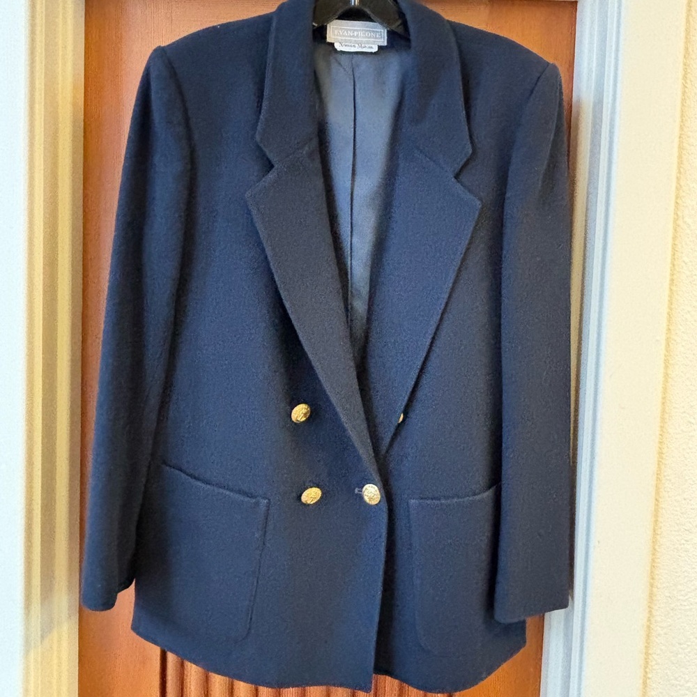 Evan Picone Navy Wool Blazer with Double Breasted Gold Buttons Size 10